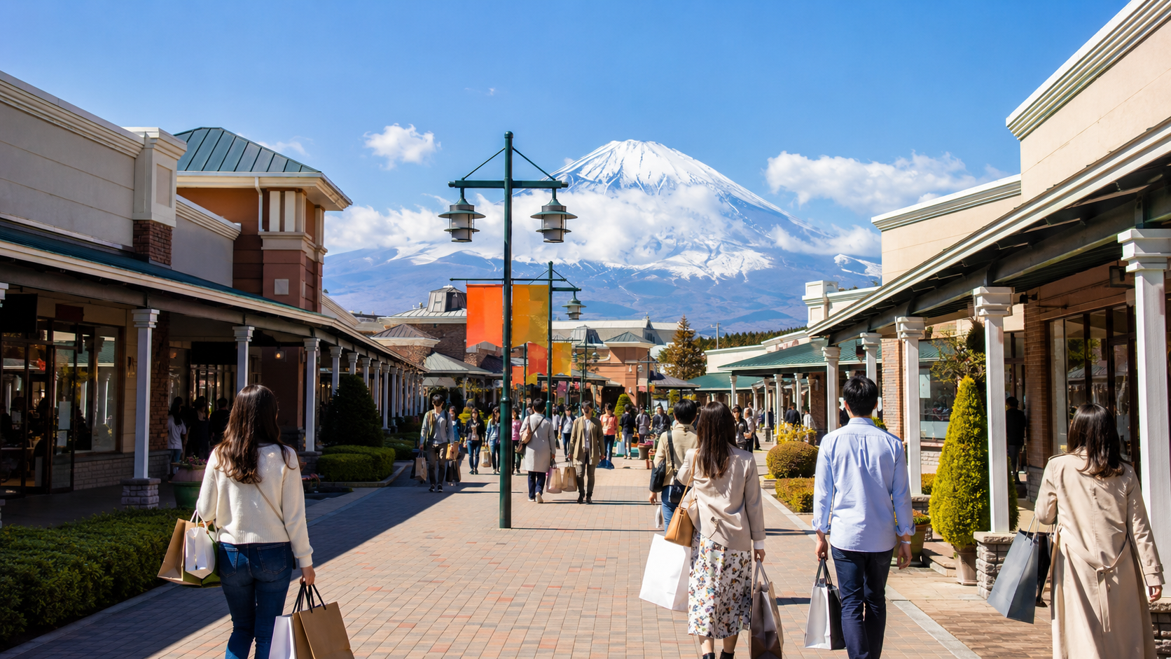 富士山を望む屋外オープンエアのアウトレットモール