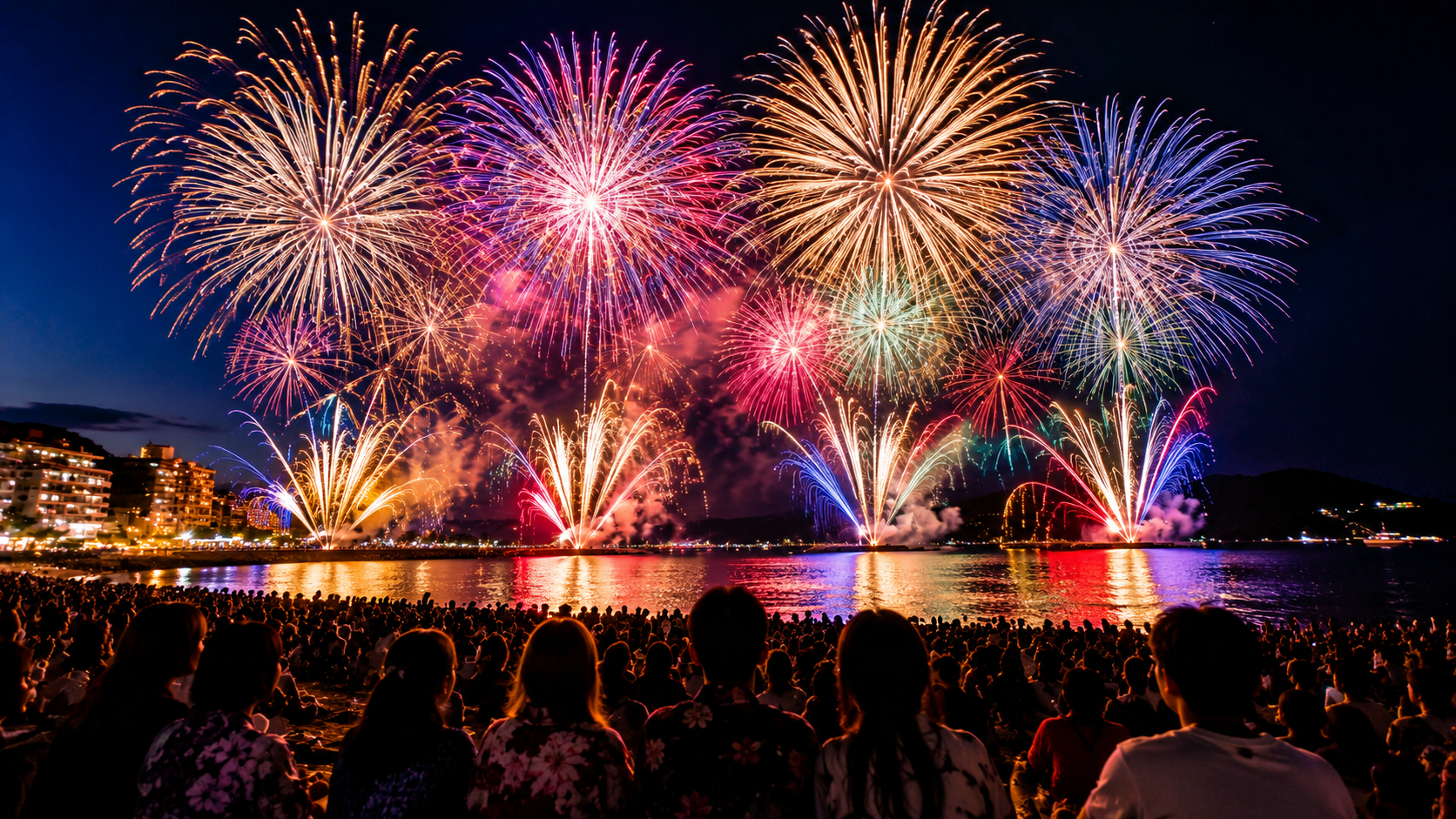 夜空に打ち上がる大輪の花火と海面に映る光