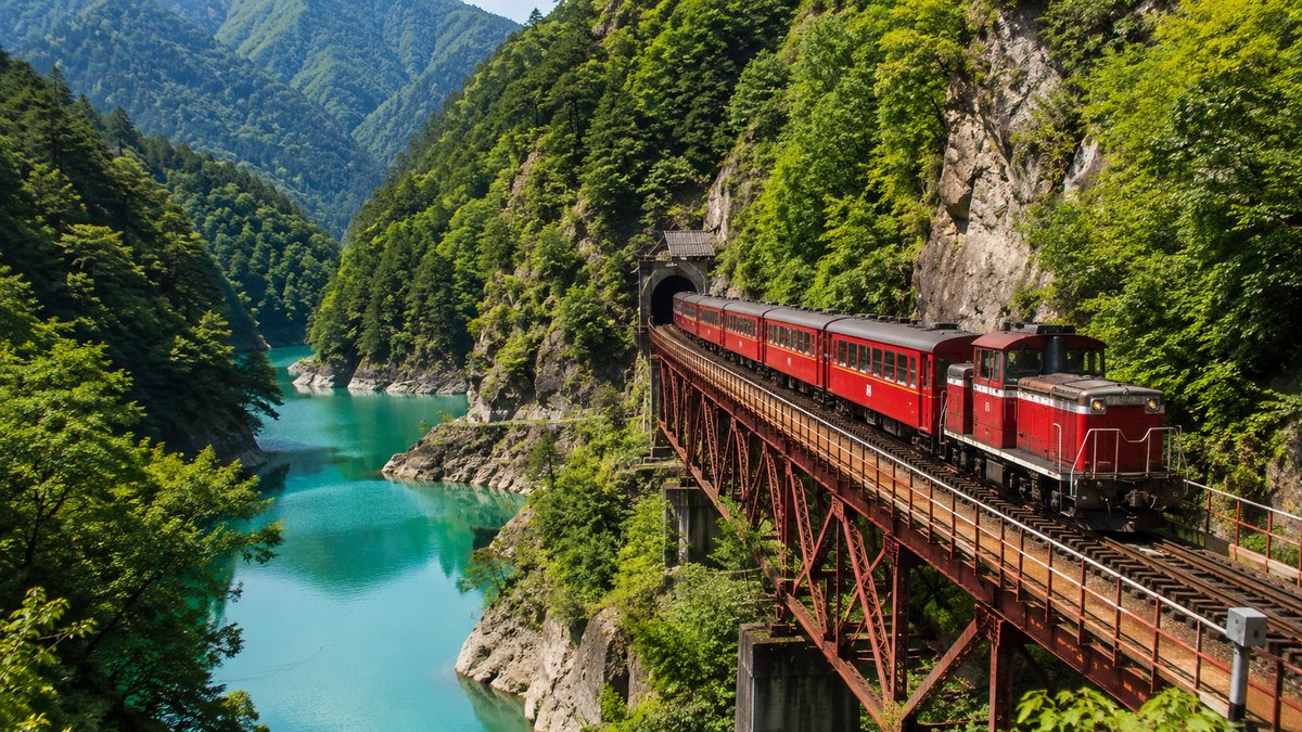 山間を走る赤いトロッコ列車