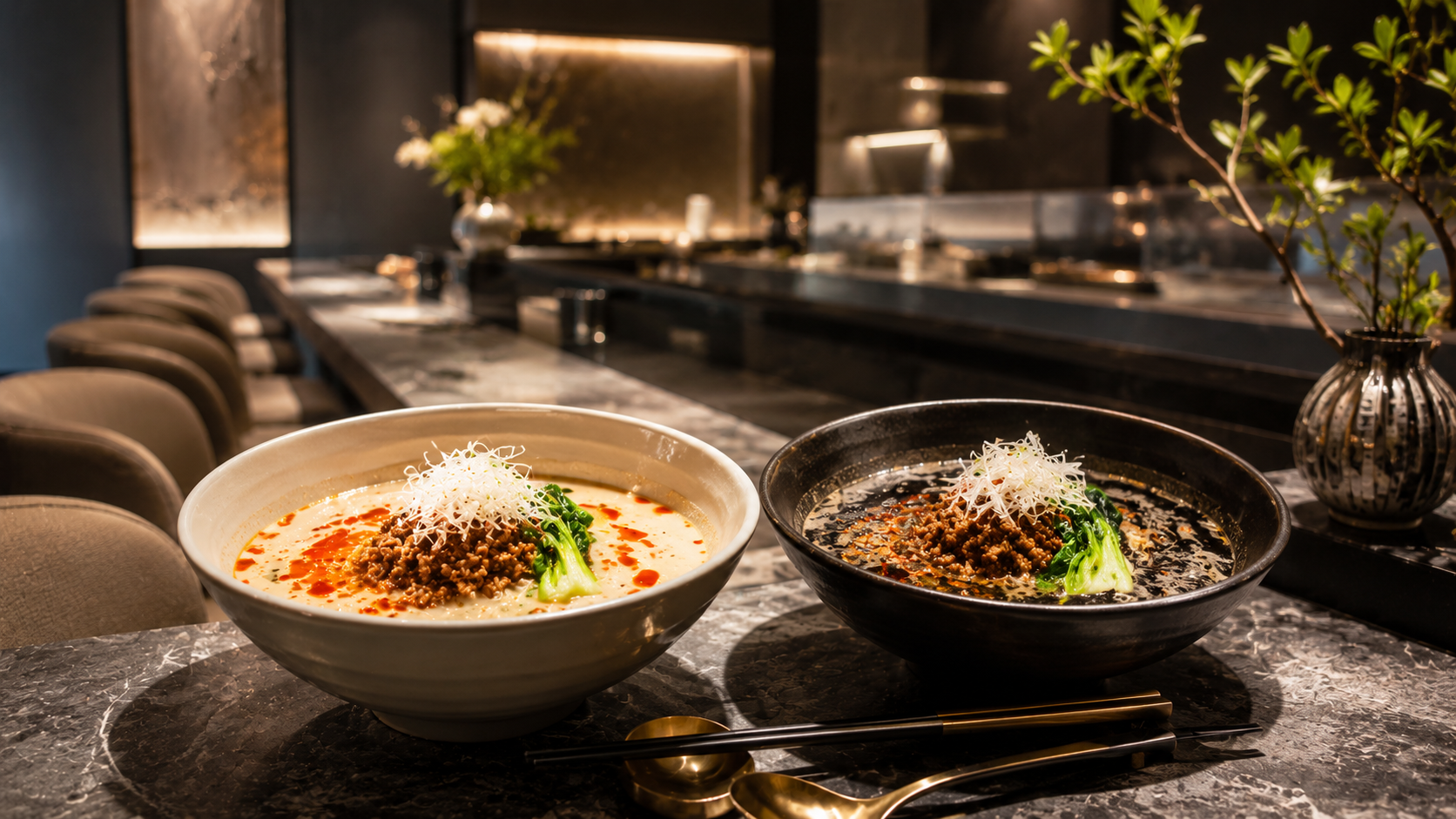 淡翠のスタイリッシュなカウンターと担々麺