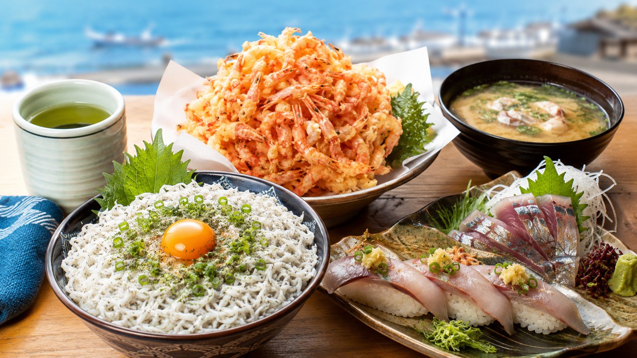 沼津港で並ぶ新鮮な海鮮丼のイメージ