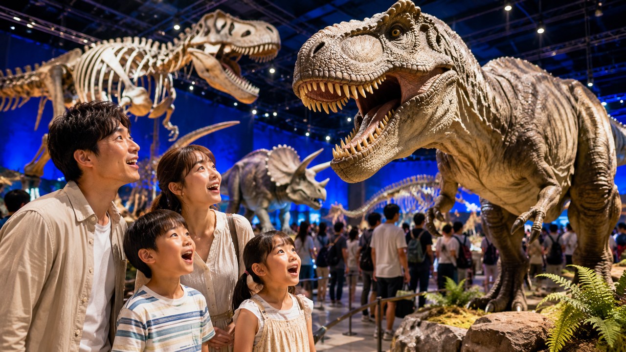 ティラノサウルスの咆哮に驚く家族（恐竜展示会のイメージ）