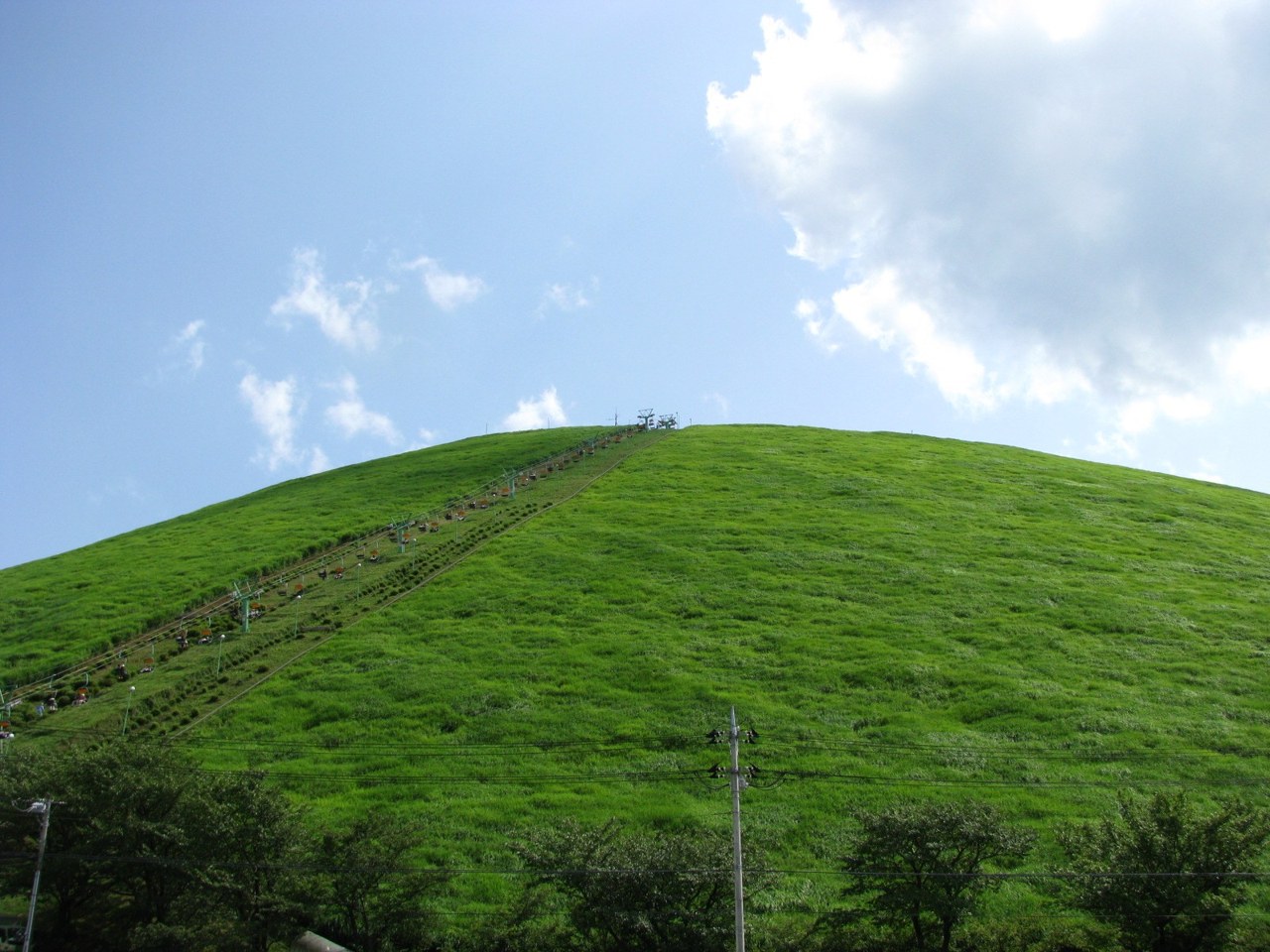 お椀型の大室山と山頂へ続く登山リフト