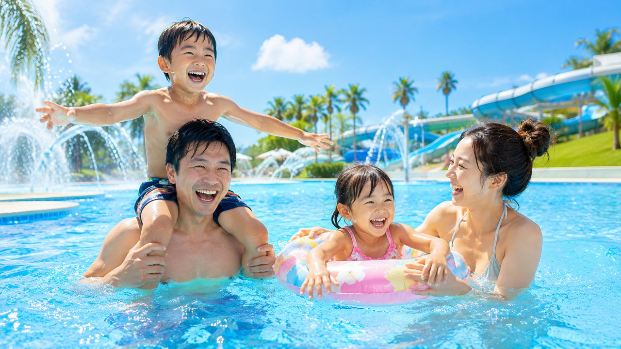 夏の屋外プールで遊ぶ日本の家族。静岡県内には子連れで楽しめる無料/格安スポットが多数