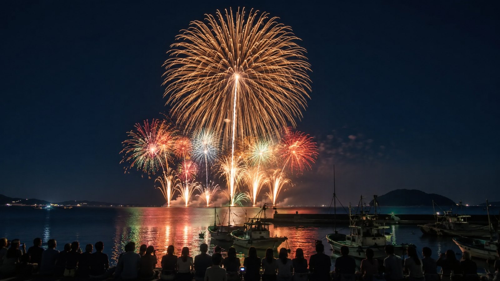 夏の夜に漁港の海上で打ち上がる花火