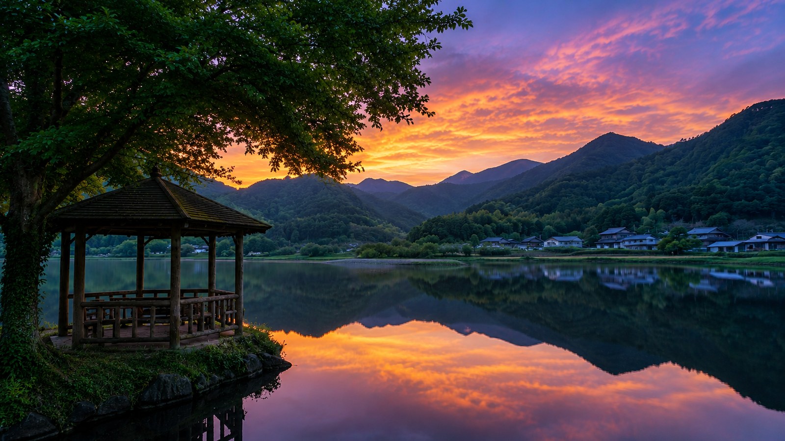 山里の静かな池の夕暮れのイメージ