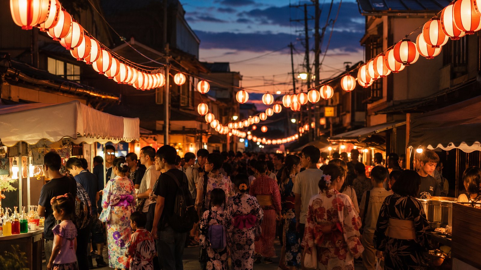 夏祭りの屋台と赤い提灯が並ぶ商店街のイメージ