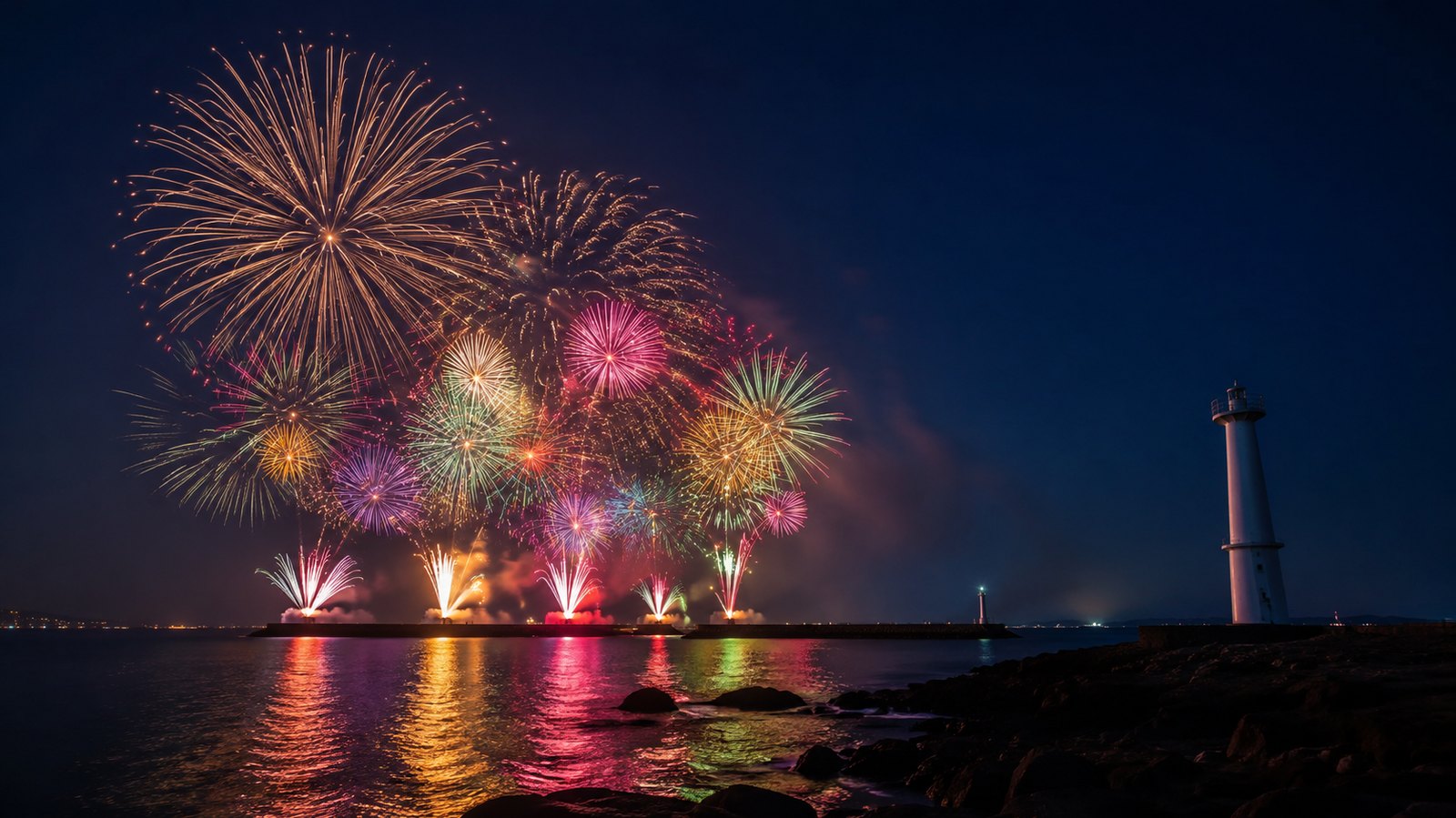 御前崎の海の上に打ち上がる花火と灯台