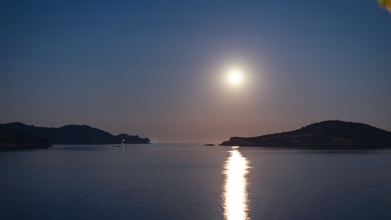 海上に昇る中秋の名月と月光の道（駿河湾イメージ）