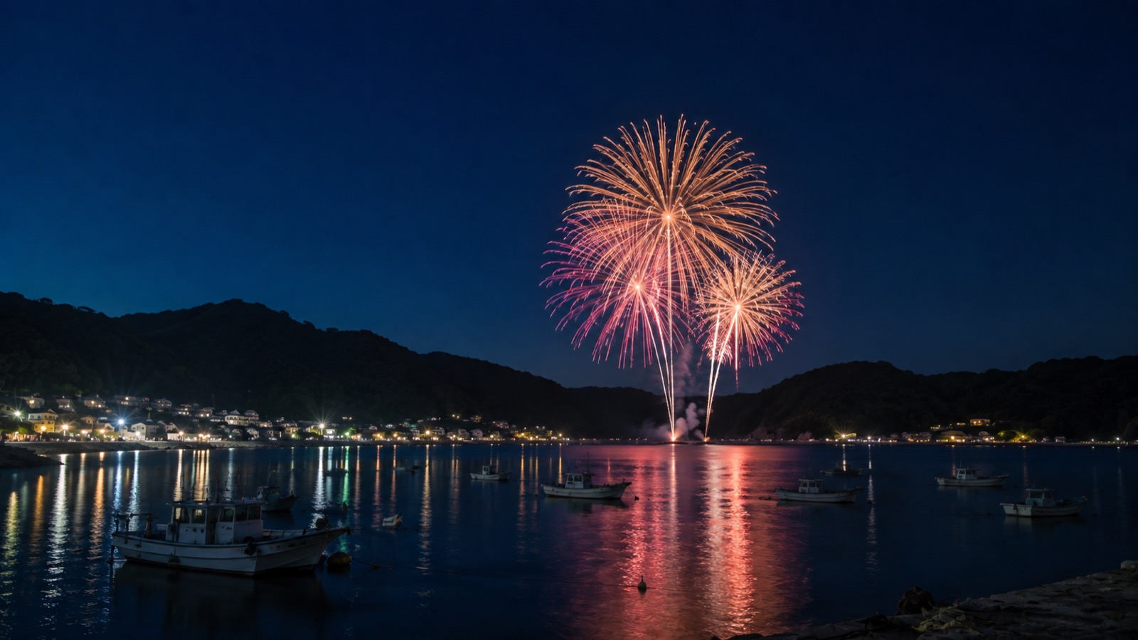 内浦の穏やかな湾の夜空に上がる花火と、水面に映る光