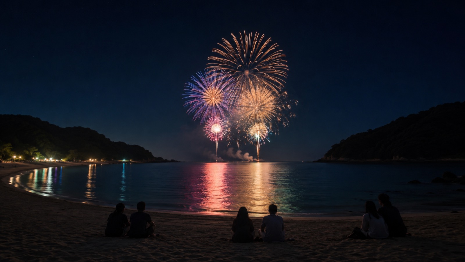 弓ヶ浜海岸の夜空に上がる花火と砂浜で見上げる観客