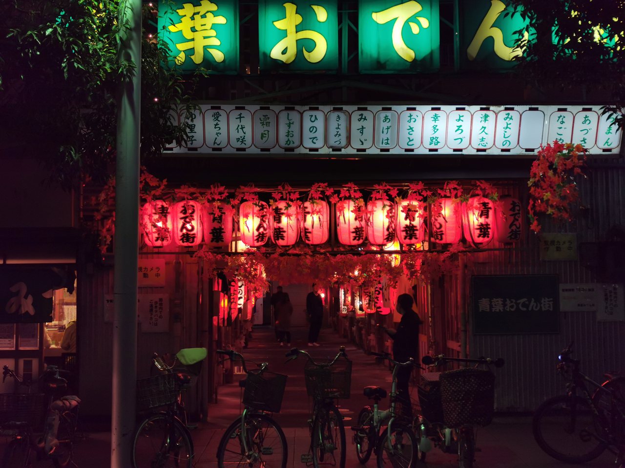 赤ちょうちんが連なる夜の青葉おでん街の入口