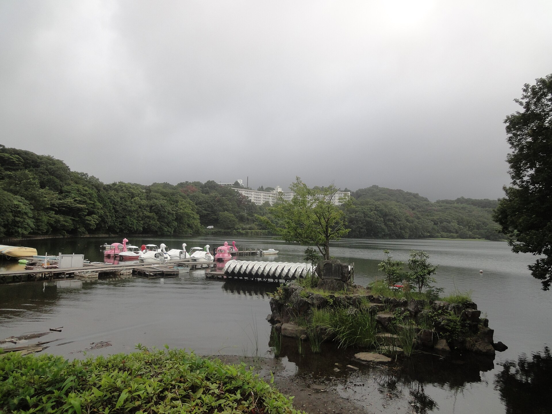 一碧湖の湖面とボート乗り場