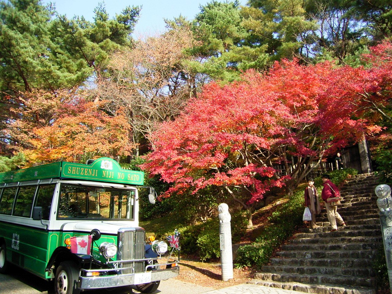 修善寺虹の郷の園内を走るボンネットバスと紅葉