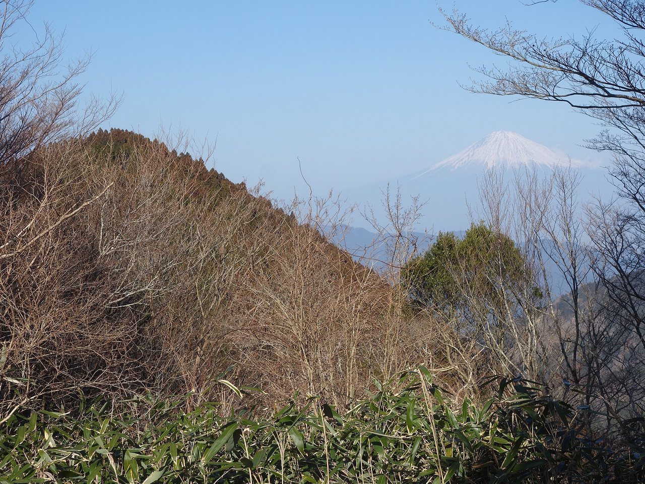 竜爪山の文殊岳付近の尾根道と富士山
