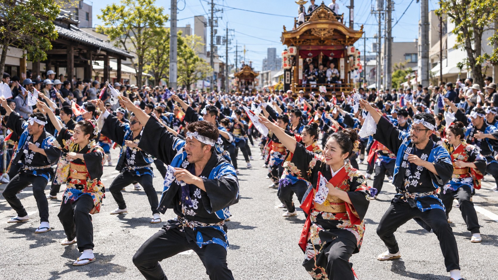 屋台の前で地踊りを披露する藤枝大祭の踊り手たち（作成したイメージ画像）