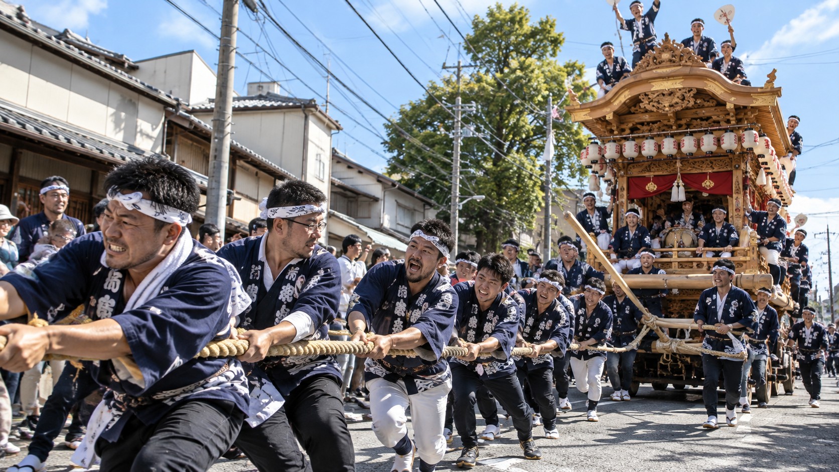 藤枝大祭で屋台の綱を曳く法被姿の人たち（作成したイメージ画像）
