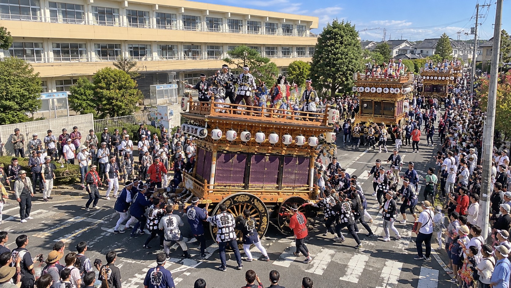 小学校の前の交差点で屋台を回す袋井北祭りの十六車連合（作成したイメージ画像）