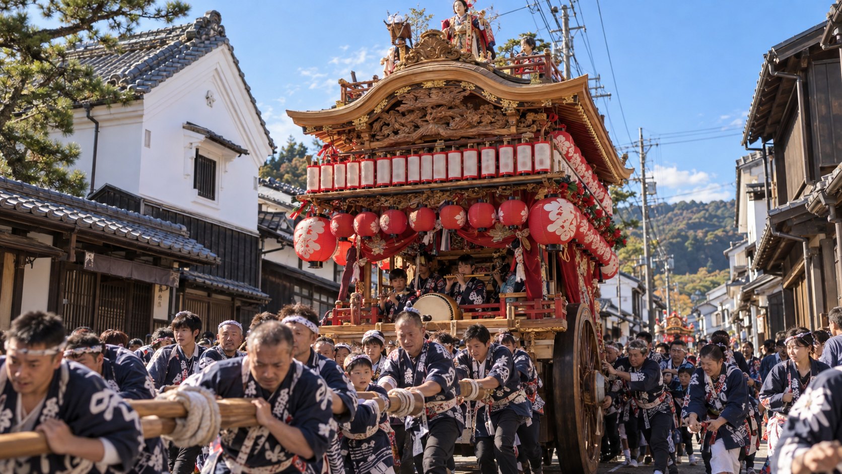 遠州森のまつりで、白い蔵の並ぶ町並みを進む二輪屋台と手木を持つ人たち（作成したイメージ画像）
