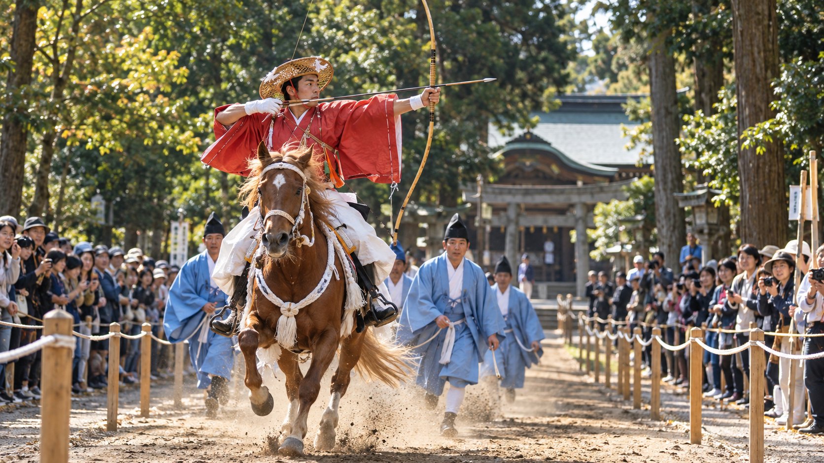 湖西市の流鏑馬神事で、赤い装束に編笠の射手が馬を駆けさせながら弓を引く場面（作成したイメージ画像）
