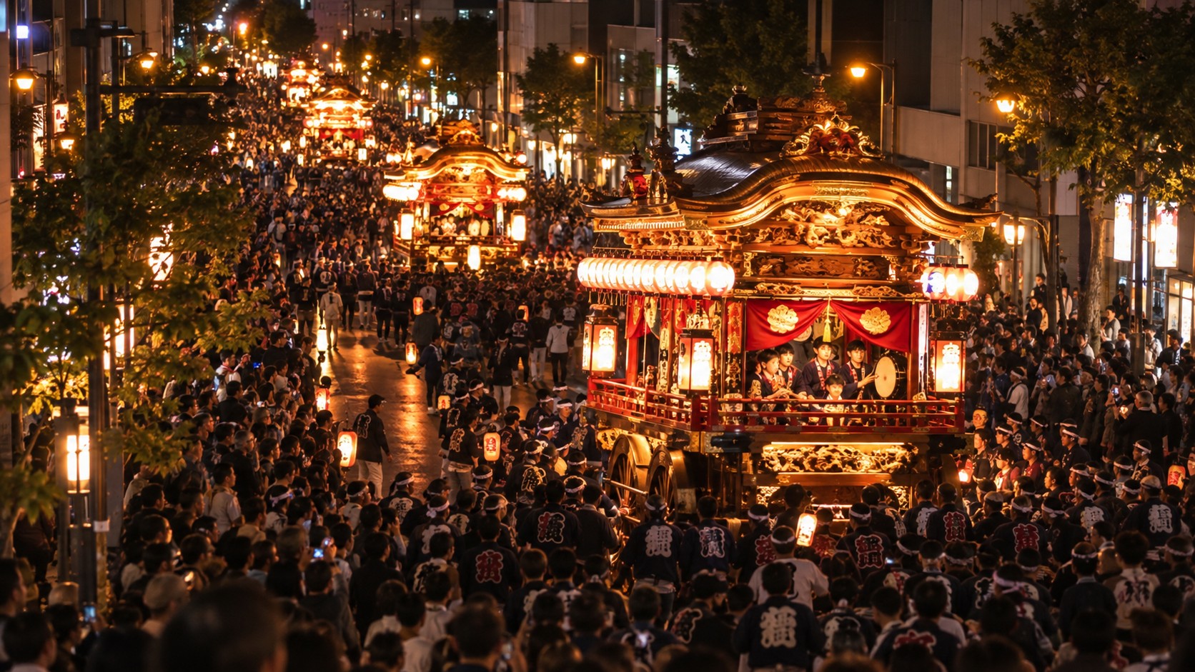 提灯をともして夜の街を進む浜松まつりの御殿屋台（作成したイメージ画像）