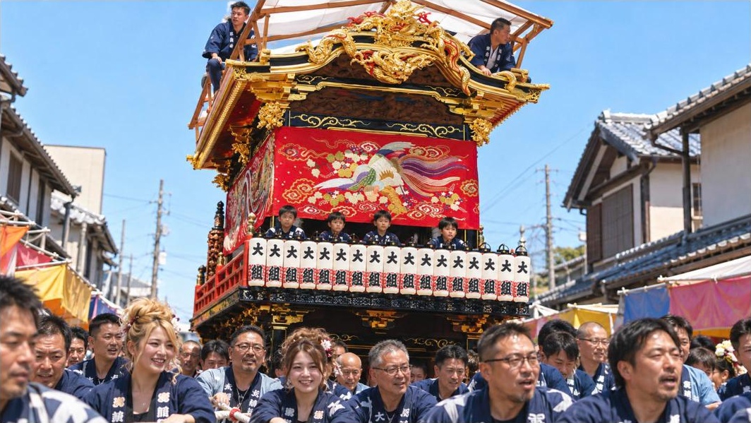 掛塚まつりで大当町の屋台を曳く法被姿の人たち（作成したイメージ画像）