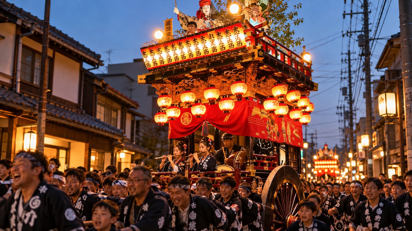 夕暮れの掛川の町なかを進む掛川祭の屋台と、紺や黒の法被で綱を引く人たち（作成したイメージ画像）