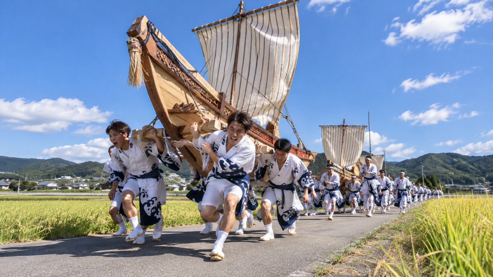 田んぼの中の道を、御船を担いで進む浴衣姿の若者たち（作成したイメージ画像）