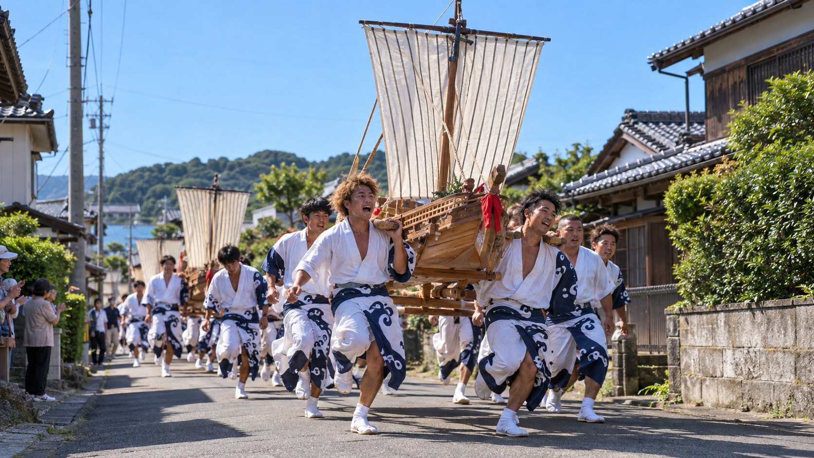 牧之原市の御船神事で、白い帆を張った御船をかついで集落の道を練り歩く若者たち（作成したイメージ画像）