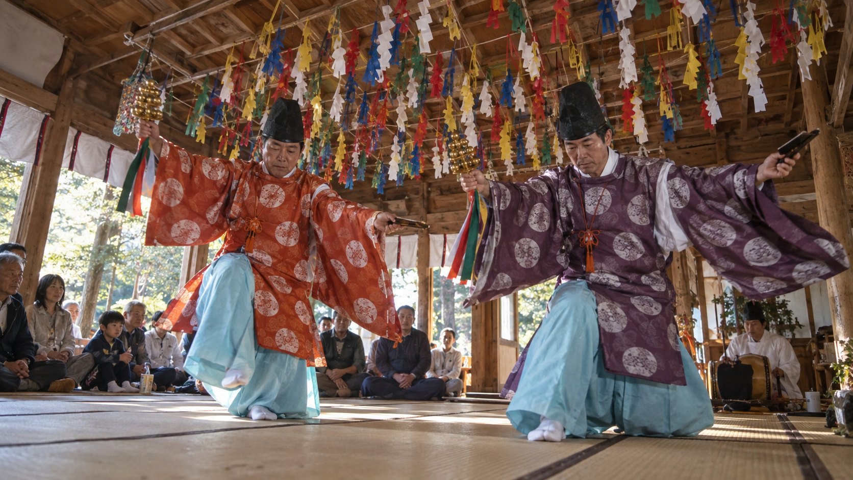 高根白山神社の古代神楽で、切り紙の飾りが吊るされた社殿の中を舞う舞人（作成したイメージ画像）