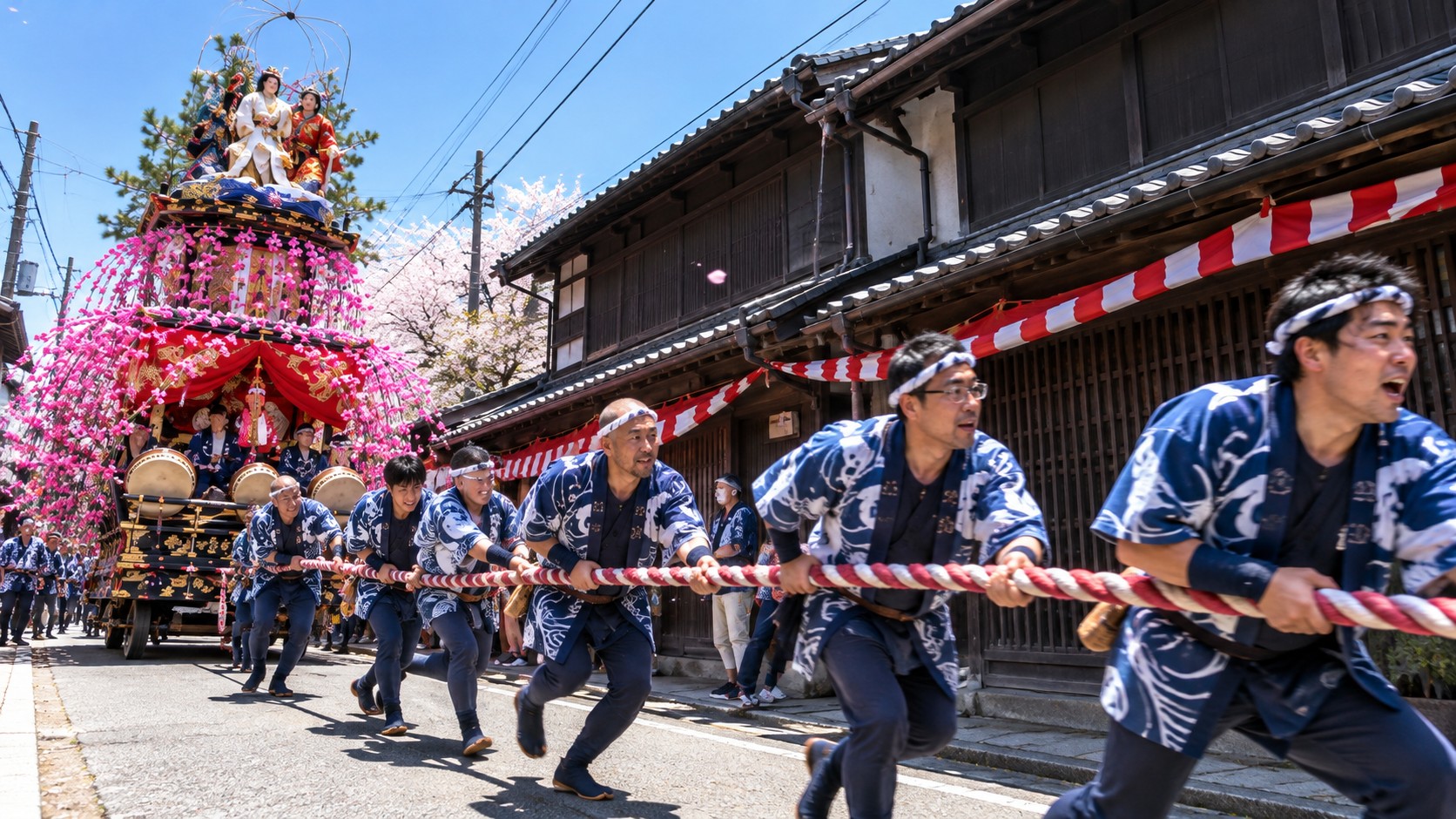 古い町並みの通りで祢里の綱を曳く法被姿の人たち（作成したイメージ画像）
