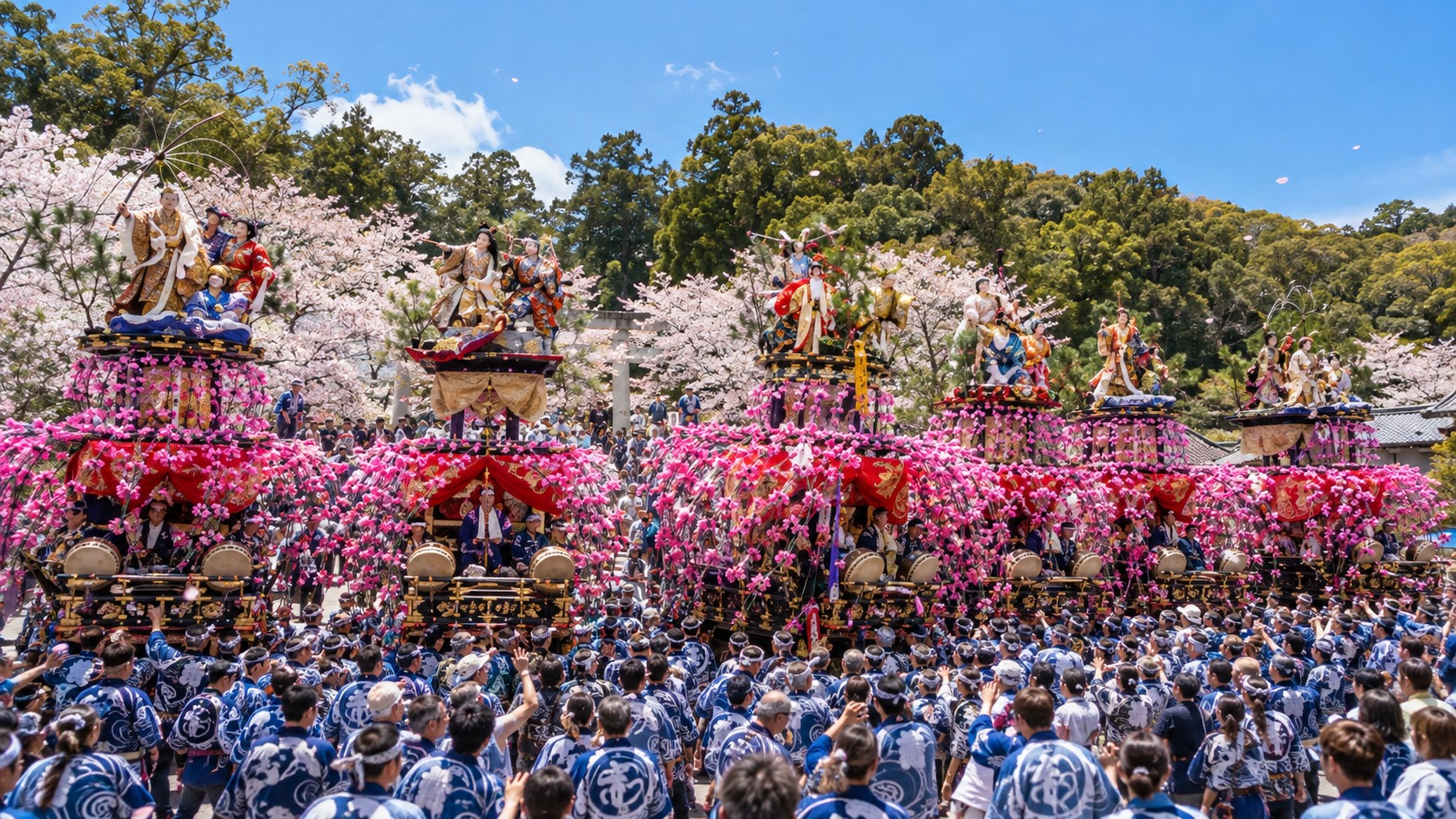桜の下に並ぶ三熊野神社大祭の祢里と、法被姿の人たち（作成したイメージ画像）