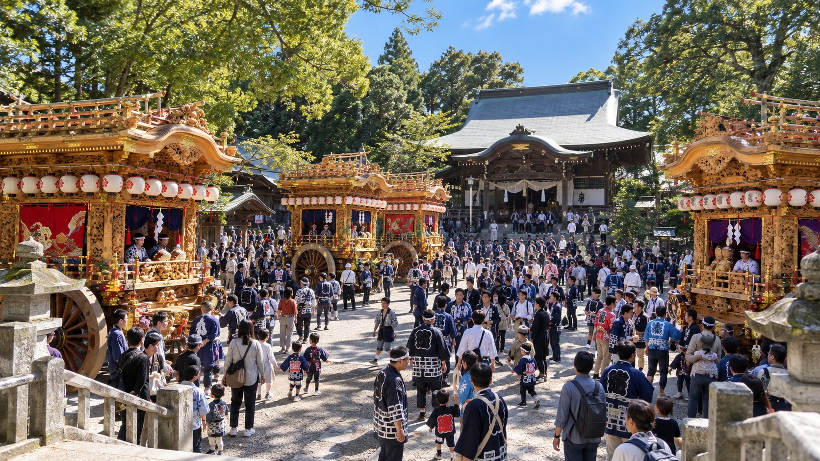 神社の境内に集まった秋祭りの屋台と氏子たち（作成したイメージ画像）