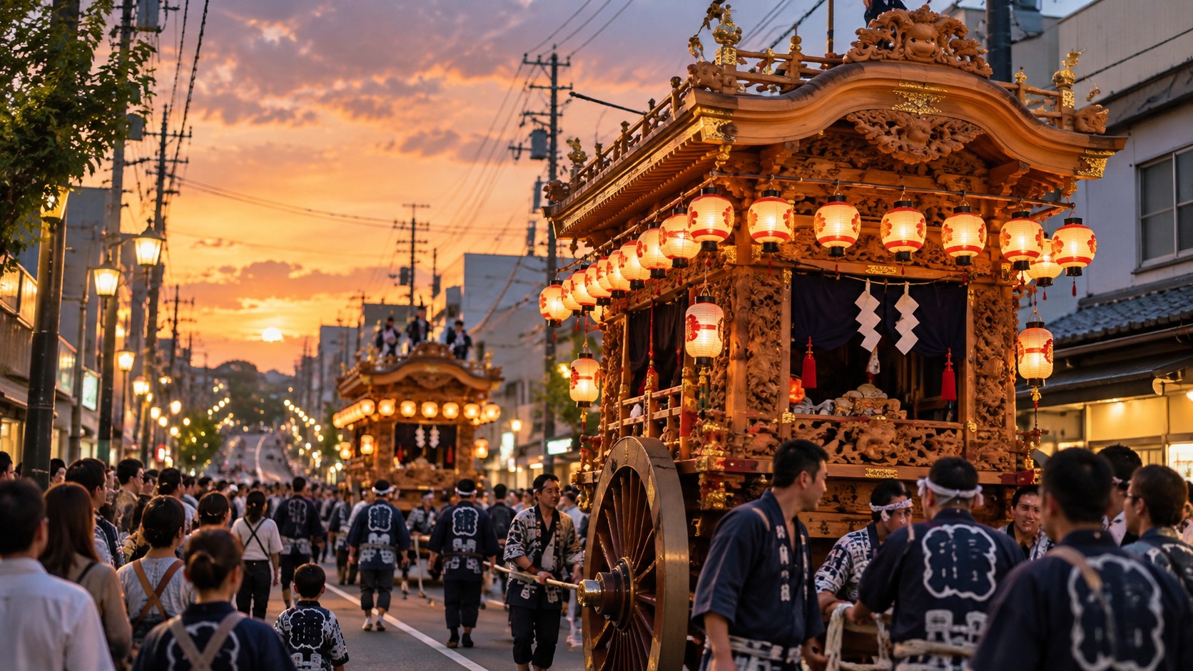 夕暮れの商店街を進む遠州の秋祭りの屋台（作成したイメージ画像）