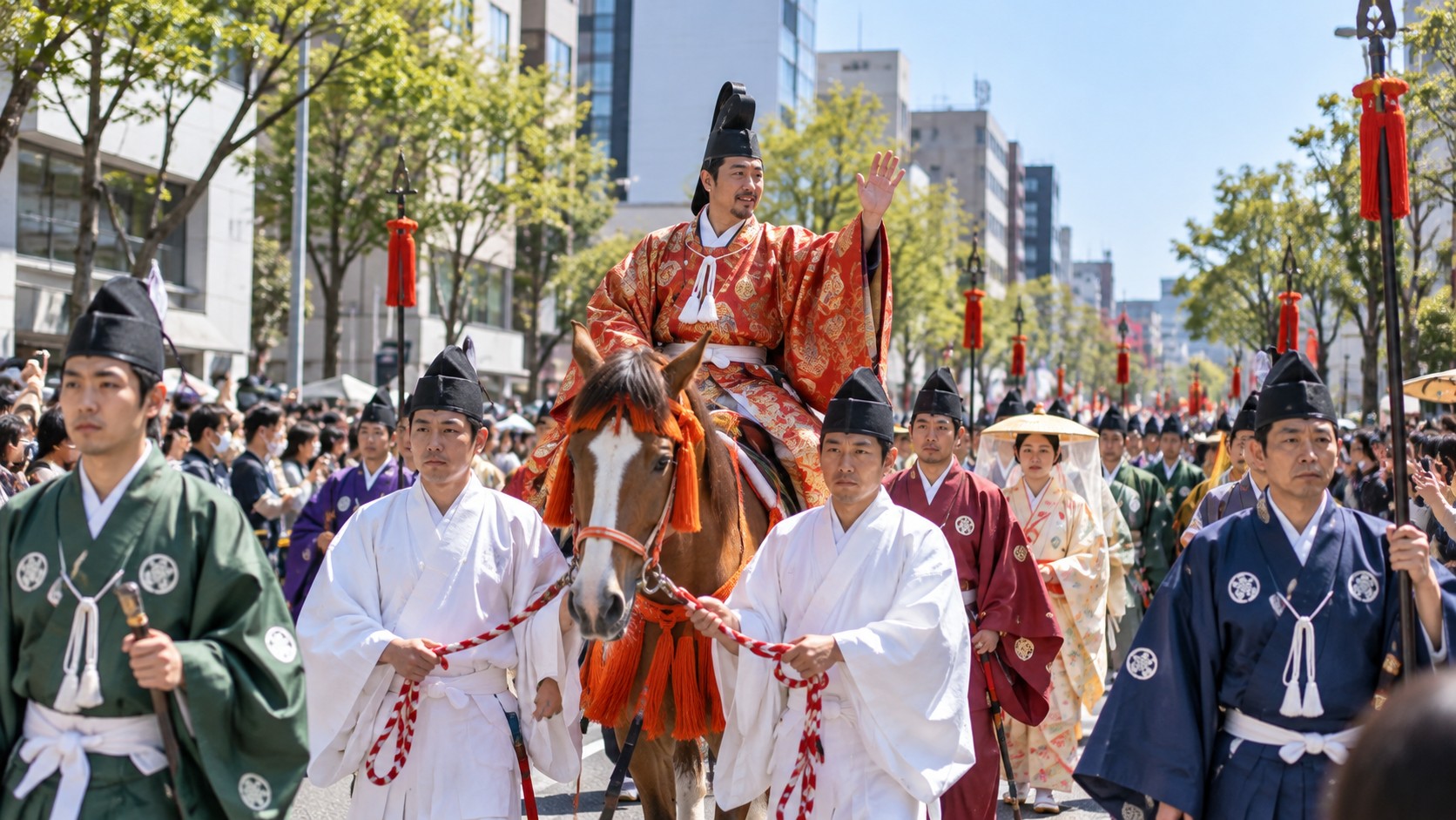 市街地の通りを進む静岡まつりの時代衣装の行列(作成したイメージ画像)