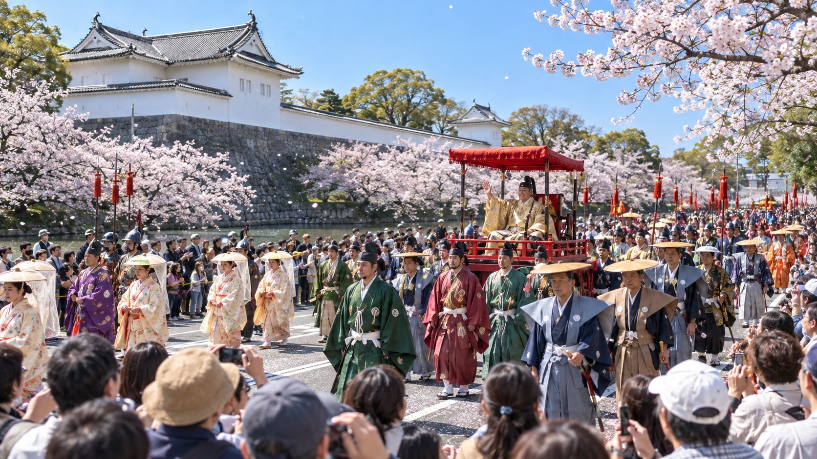 駿府城公園の石垣と桜の前を進む大御所花見行列（作成したイメージ画像）